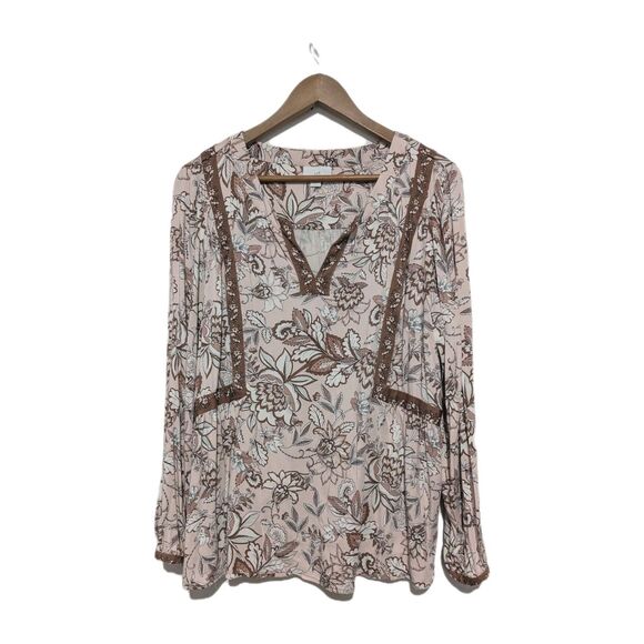 J Jill Top Womens L Pink Brown Vintage Floral Boho Gathered Stretch Notch Neck - Picture 1 of 7